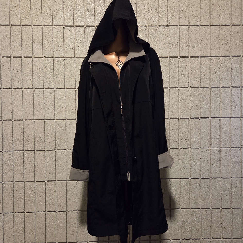 Gallery Size S Black Hooded Long Coat with Gray Trim Raincoat